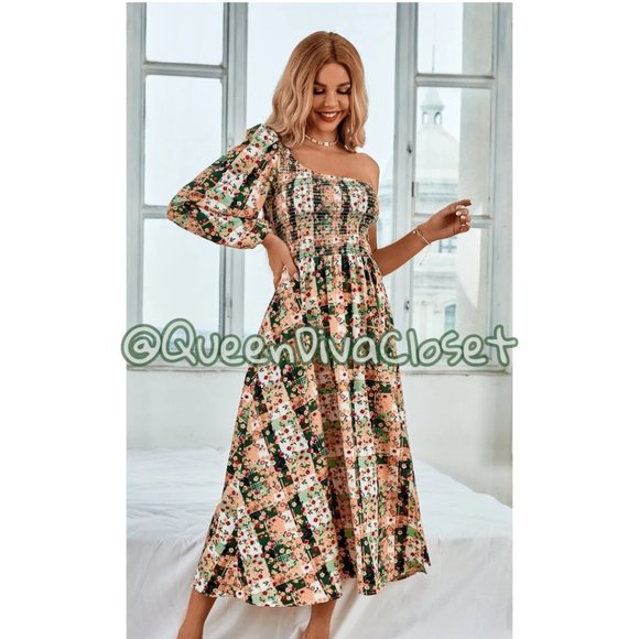 Ditsy Floral Print Split Thigh Shirred Dress Green Burgundy Peach White Midi L - Picture 4 of 5